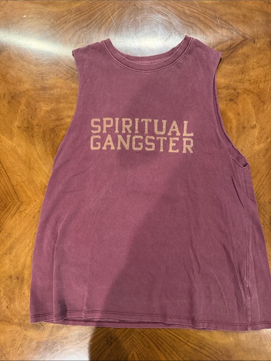 Spiritual Gangster Tops - Spiritual Gangster woman Sleeveless Logo Tank - Burgundy with Tan Print